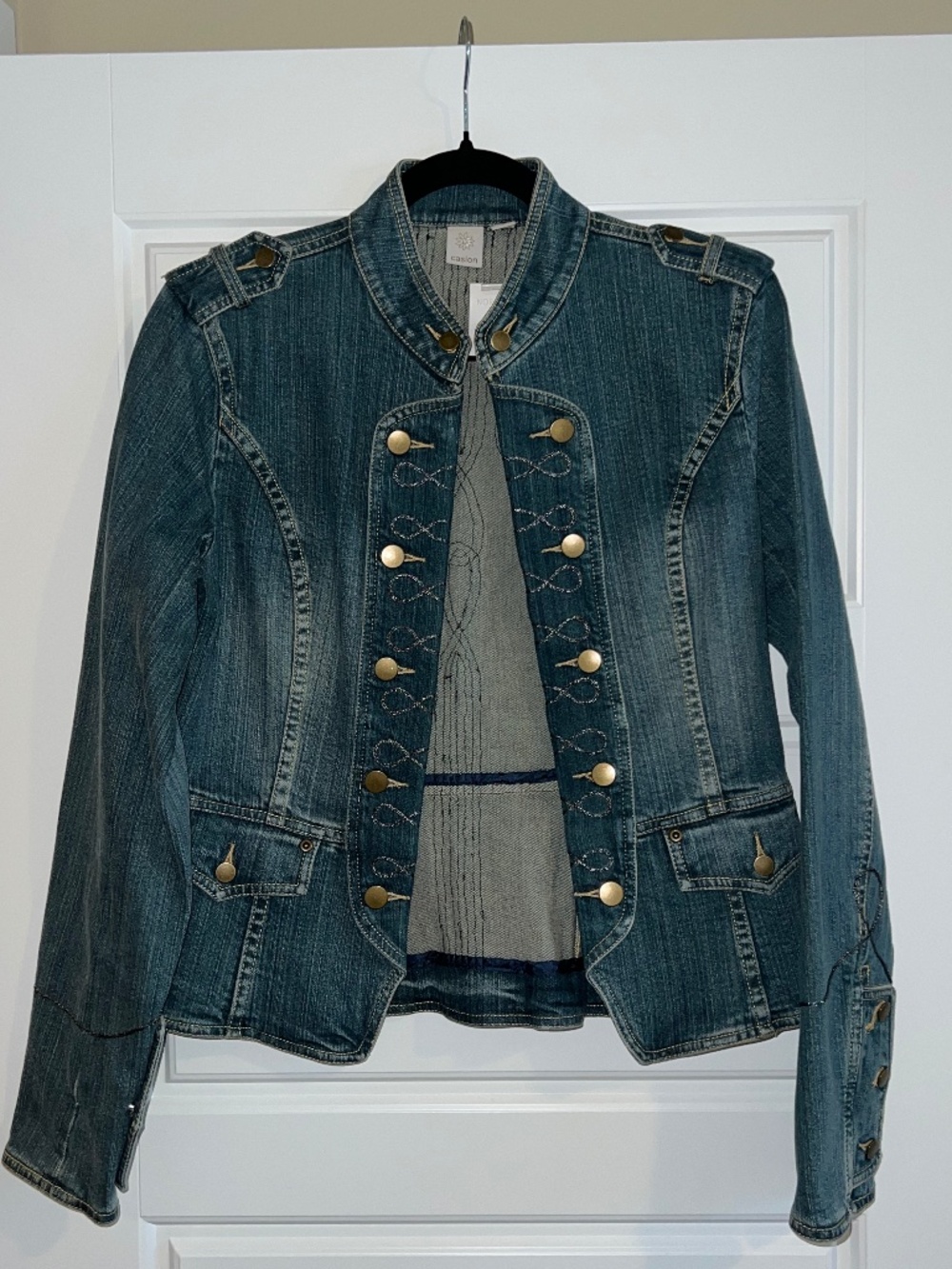 Caslon Military Style Denim Jacket Medium Wash with Antique Gold Buttons Size M